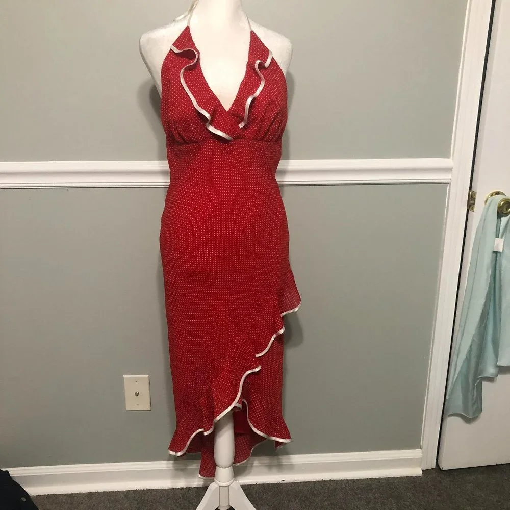 Vintage 2000s Polka Dot Halter Ruffle Midi Dress - Picture 1 of 6